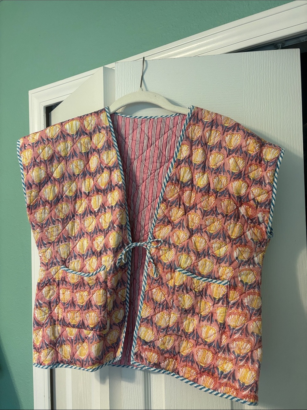 Shell Pink & Yellow Quilted Sleeveless Vest with Tie Front